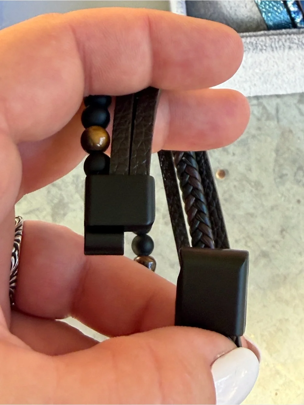 Hand Crafted Brown Leather Wrap Bracelet with Black and Tiger Eye Beads